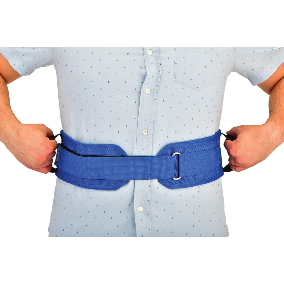 A person in a light blue shirt is adjusting the Nova Transfer Gait Belt with Grip Handles, featuring an extra-wide design and reinforced grip handles on the sides for safe transfer support.